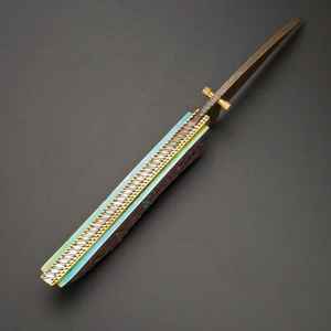 Navaja de Bolsillo Personalizada Hecha a Mano, Navaja Plegable de Acero Inoxidable 440C con Funda de Cuero Fino y Diseño Grabado en Cobre - Product Image 5