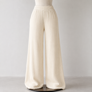 Women Cream Knitted Wide Leg <b>Pants</b> High Waist Loose Fit Full Length Casual Solid Color Elastic Waist Pockets Autumn Style - Product Image 5