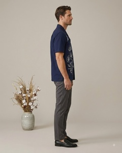 <b>Men's</b> Navy Blue Cotton Poplin Short Sleeve <b>Shirt</b> With Hand Embroidery Floral Pattern Turn-down Collar Casual Summer Wear - Product Image 1