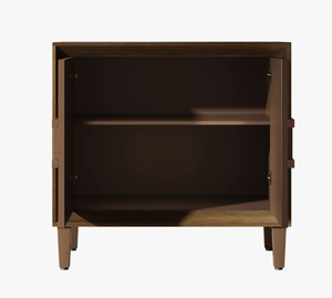 NOUVEAU Meuble d'appoint en noyer style Rétro Mid-Century Modern, avec porte sculptée géométrique effet rayon de soleil, servant de buffet de rangement, table de chevet ou console en bois nordique - Product Image 6