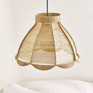 Ribbed Paneled Rattan Lampshade Scalloped Edge Pendant <b>Light</b> <b>Shade</b> Wrapped Collar <b>Wicker</b> Hanging Lamp Cover - Product Image 2