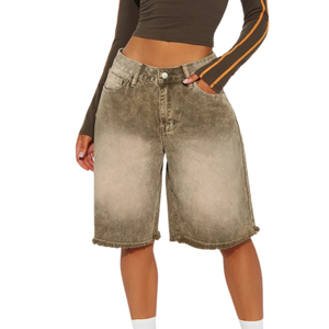 Shorts Bermuda en jean délavé pour femme, taille mi-haute, coupe large, longueur genou, décontracté, ample, séchage rapide, respirant, poches boutonnées - Product Image 1