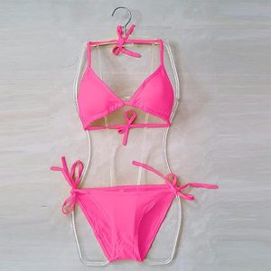 Custom Logo Women's Pink Two Piece Bikini Set Triangle Top Tie Side Bottom Halter Lace Up Swimwear Solid Color Swimwear - Product Image 4