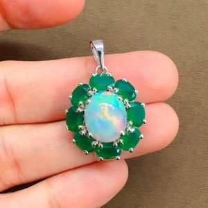 Wholesale Women's Minimalist Rhodium Plated <b>Opal</b> and Green Onyx <b>Pendant</b> 925 Sterling Silver Oval Cluster Design - Product Image 2