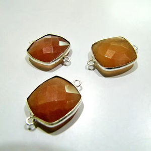 Natural Peach Moonstone Cushion Shape 15mm Faceted Briolette Double Loop Bezel Connectors - Product Image 1