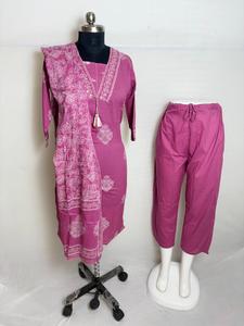 Womens Cotton Printed Kurta with Dupatta & Pants Set <b>Pink</b> - Product Image 2