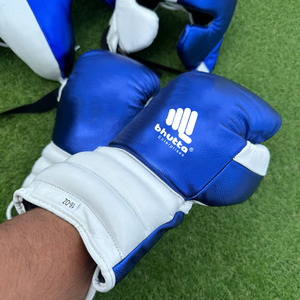 Customized Professional Boxing Set High Quality White Blue Leather Training Gear With Full Face Head & Groin Guard Boxing Gloves - Product Image 3