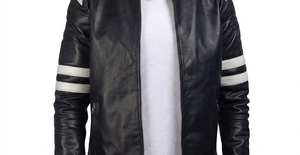 <b>Men's</b> Black PU Leather Moto <b>Jacket</b> With White Stripes Stand Collar Zipper Closure Slim Fit Autumn Style - Product Image 5