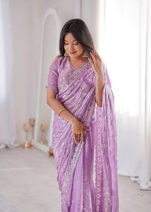 Sari indien prêt-à-porter pour femmes, orné de perles originales, en tissu de soie, en gros et à prix avantageux - Product Image 5
