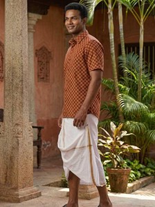 Handcrafted Men’s Rust Orange and Earthy Brown Checkered Cotton <b>Half</b>-Sleeve <b>Shirt</b> with Traditional Block Print Pattern - Product Image 3