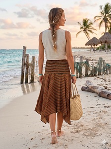 Women's Ankle-Length Woven Bohemian <b>Asymmetrical</b> Geometric Pattern 100% Cotton Eco-Friendly Breathable A-Line Design Skirt - Product Image 4