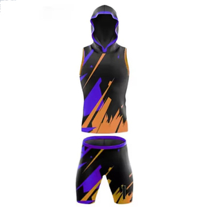 Camiseta de Baloncesto Sublimada Personalizada para Hombre, con Capucha y Pantalones Cortos Ajustados, de Secado Rápido, Transpirable, Anti-UV, en Morado, Naranja y Negro - Product Image 2