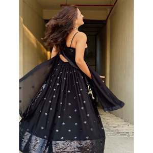 Black <b>Sequin</b> Georgette Strapless Lehenga Choli for Evening Parties - Product Image 2