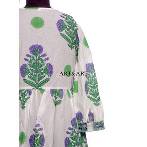 Vestido de mujer sencillo para el trabajo, con estampado floral y borlas, de algodón, corte A, manga abullonada, cuello redondo, vestido corto de algodón ecológico. - Product Image 3