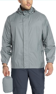 Men's Lightweight Waterproof Hooded <b>Jacket</b> Gray Casual Spring Outdoor Wear With Zipper Closure And <b>Packable</b> Design - Product Image 1
