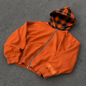 <span class=keywords><strong>Felpa</strong></span> Invernale da Uomo con Cappuccio, Zip e Fodera in Pile, Motivo a Quadri <span class=keywords><strong>Arancione</strong></span>, 350g, Stile Casual <span class=keywords><strong>Oversize</strong></span> con Logo sulla Manica Sinistra - Product Image 3