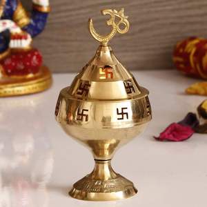Lámpara de aceite Akhand Jyot Diya de latón antiguo chapada en oro, quemador de incienso, impresión digital personalizada, Puja tradicional religiosa para el hogar - Product Image 5