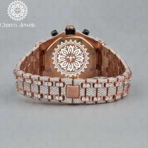 Charm_Jewels Luxury Tonneau Mechanical <b>Watch</b> Rose Gold <b>Diamond</b> Encrusted Analog Chronograph Stainless Steel Band 42mm - Product Image 2
