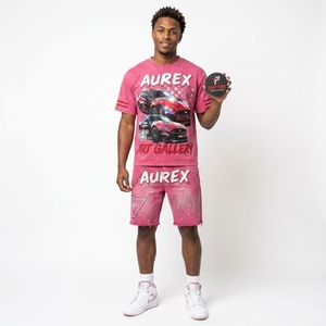 Ensemble T-shirt court et short streetwear pour homme, design clouté, délavage acide, 100 % coton, impression sérigraphique personnalisée, collection été - Product Image 4