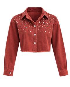 Chaqueta Vaquera Roja Corta Personalizada para Mujer con Cierre de Botones Frontales con Pedrería, Manga Larga, Estilo Urbano, Top para Fiesta - Product Image 1