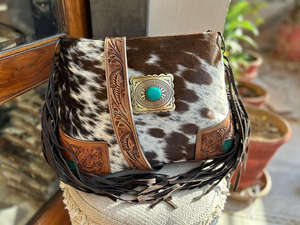 Bolso de hombro hecho a mano con pelo tallado, estilo occidental, con flecos de piel de vaca, estilo bohemio, piedra turquesa - Product Image 4