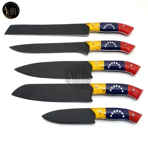 Mutfak bıçağı D2 çelik siyah kaplama bıçakları ile 5 adet Set ve saf inek gizlemek deri rulo kiti ile Venezuela bayrağı kolları