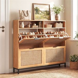 Scarpiera Moderna Boho Autoportante con 4 Cassetti a Ribalta e Ripiani Aperti - Product Image 4