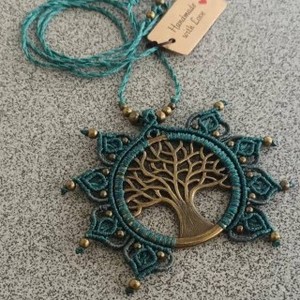 Handmade Macrame Tree Of Life Pendant Necklace Brown Cotton <b>Wax</b> Thread Ethnic Beaded Choker Unisex - Product Image 3