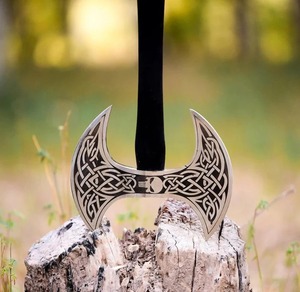 Premium <b>Viking</b> Art Outdoor Handcrafted Double Blade Stainless Steel <b>Axe</b> Wooden Handle 24-inch Overall Length for Camping - Product Image 2