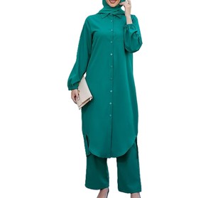 Ensemble deux pièces vert pour femme, col montant, manches longues, respirant, en polyester, avec pantalon long à la cheville, tenue décontractée - Product Image 1