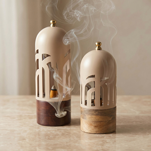 Ensemble de 2 brûleurs d'encens en bois et métal de style moderne, design élégant en forme de dôme découpé au laser, forme ronde pour la décoration de la maison et le bien-être - Product Image 1