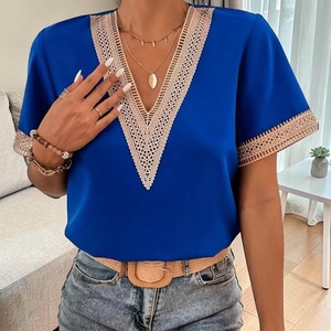 Haut à col en V pour femme, manches courtes, bordure en dentelle, couleur unie, décontracté, été, en viscose et polyester doux, pull-over - Product Image 5