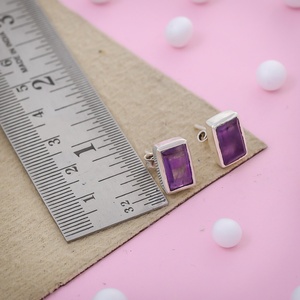 Natural Amethyst Purple Bezel set Rectangular <b>Stud</b> Earrings Gemstone Sterling <b>Silver</b> Handmade Birthstone <b>Studs</b> - Product Image 5