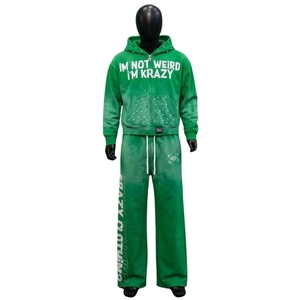 Custom Men's Green Acid Wash Rhinestone Hoodie Tracksuit Set Full <b>Zip</b> <b>Hooded</b> Sweatshirt & Wide Leg Sweatpants Casual Streetwear - Product Image 3