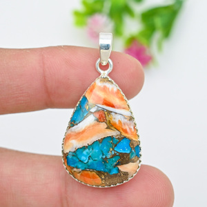 Natural Spiny Oyster <b>Turquoise</b> Pendant 925 Sterling Silver Pear Shape Handmade Boho Gemstone Jewelry - Product Image 1