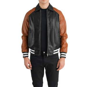 Veste en cuir pour homme, couleur noire et marron, avec fermeture éclair, col rabattu, coupe classique, pour l'automne - Product Image 6