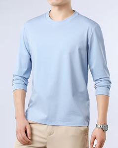 Customized 100% Cotton Men's Long Sleeve Knitted O Neck Solid Blank Tee Breathable Front Logo 180g Casual Wear Fit - Product Image 3