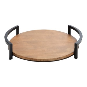 Plateau de service rond en bois avec poignées métalliques, design minimaliste, organisateur de table durable - Product Image 3