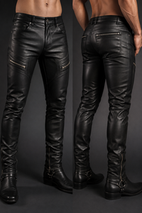 Premium Genuine Black Leather Pants <b>Slim</b> <b>Fit</b> <b>Mens</b> Motorcycle Clubwear Trousers with Zippers Pockets Custom OEM ODM Wholesale - Product Image 2