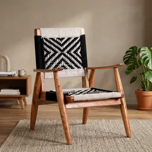 Silla Vintage de Madera con Reposabrazos, Respaldo y Asiento de Cuerda de Algodón Tejida a Mano, Mueble Rústico para Interiores, para Sala de Estar o Dormitorio - Product Image 6