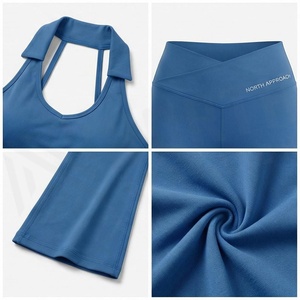 North Approach 2 Piece Yoga Set Halter Neck Flared Leg High Waist Solid Blue Breathable Sportswear - Product Image 4