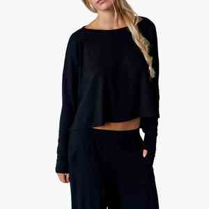 Factory Hot-Sale Women 2 Piece Loose <b>Knitted</b> <b>Set</b> Black O-Neck Long Sleeve Top With Wide Leg Pants Casual All Seasons Wear <b>Set</b> - Product Image 3