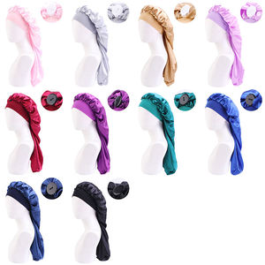 Women Wide Elastic Band Satin <b>Bonnet</b> Hair Wrap Sleeping Cap Adjustable Button Hair Care Hat - Product Image 6