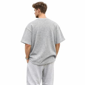 Nouveau design, logo personnalisé, t-shirt en coton texturé à col rond, coupe ample, style streetwear, t-shirt décontracté pour homme, t-shirt uni tendance - Product Image 4