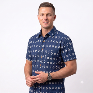 Chemise décontractée en coton à manches courtes pour homme, imprimé géométrique, col rabattu, tissu en coton respirant pour l'été - Product Image 3