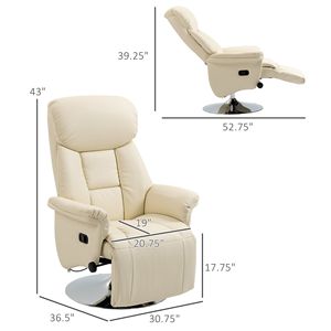 Cream White PU Leather Adjustable Recliner Chair with <b>Footrest</b> & Padded Arms Steel Base Recliner - Product Image 3