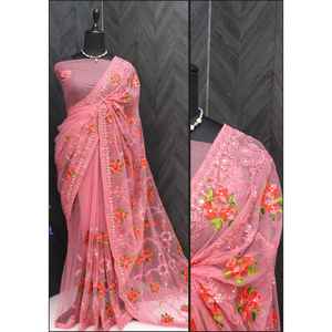 Saree traditionnel chinois de créateur avec broderie en fil et zari - Product Image 2