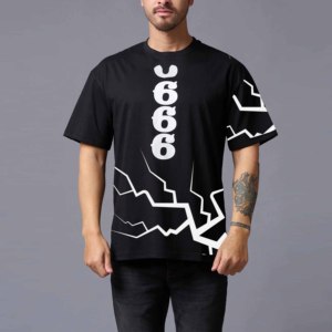 Camiseta Negra de Manga Corta para Hombre, con Patrón Geométrico Blanco, Cuello Redondo, Estilo Urbano, Talla Grande, Antiarrugas, Transpirable, de Algodón Ecológico - Product Image 1