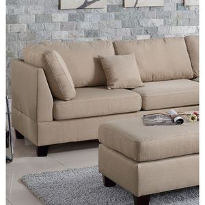 Divano Chaise Longue Reversibile con Pouf, Set 3 Pezzi in Tessuto Polyfiber, Arredamento Soggiorno con Cuscini Color Sabbia - Product Image 3