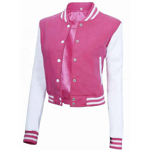 แจ็คเก็ตวาร์ซิตี้สีชมพู แขนสีขาว ปกคอพับ ติดกระดุม สไตล์พรีปปี้ ความยาวสั้น ทรงปกติ เหมาะสำหรับใส่ในฤดูใบไม้ผลิ - Product Image 1